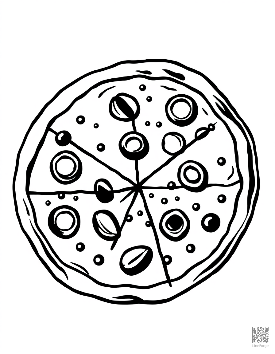 Pizza with all the toppings coloring page Woodcut style - free printable