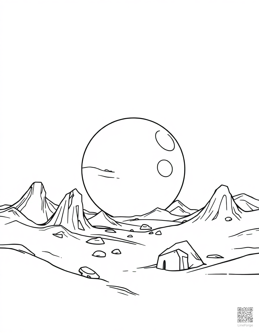 planetary landing with alien landscape coloring page Contour style free printable