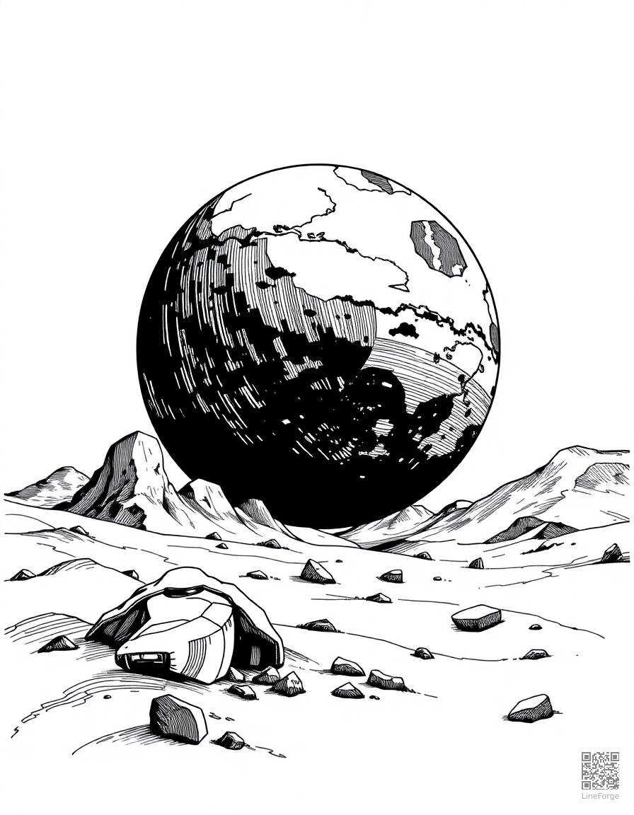planetary landing with alien landscape coloring page Crosshatch style free printable
