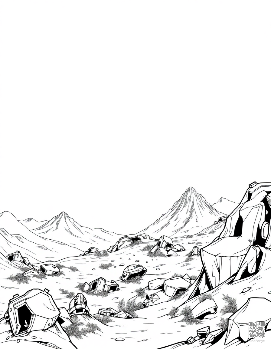 Free planetary landing with alien landscape coloring page in manga style — printable line art