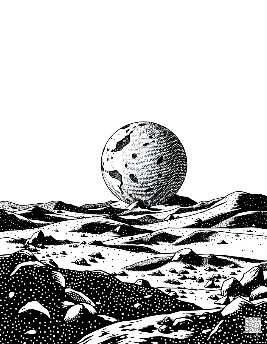 planetary landing with alien landscape coloring page Stipple style free printable