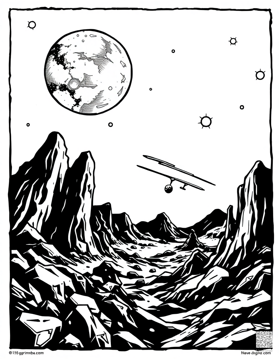 planetary landing with alien landscape coloring page Woodcut style free printable