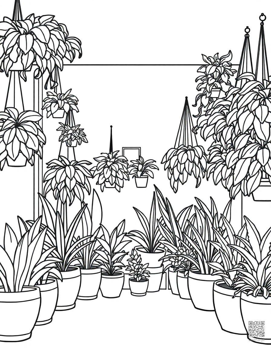 plant shop filled with hanging plants coloring page Contour style - free printable