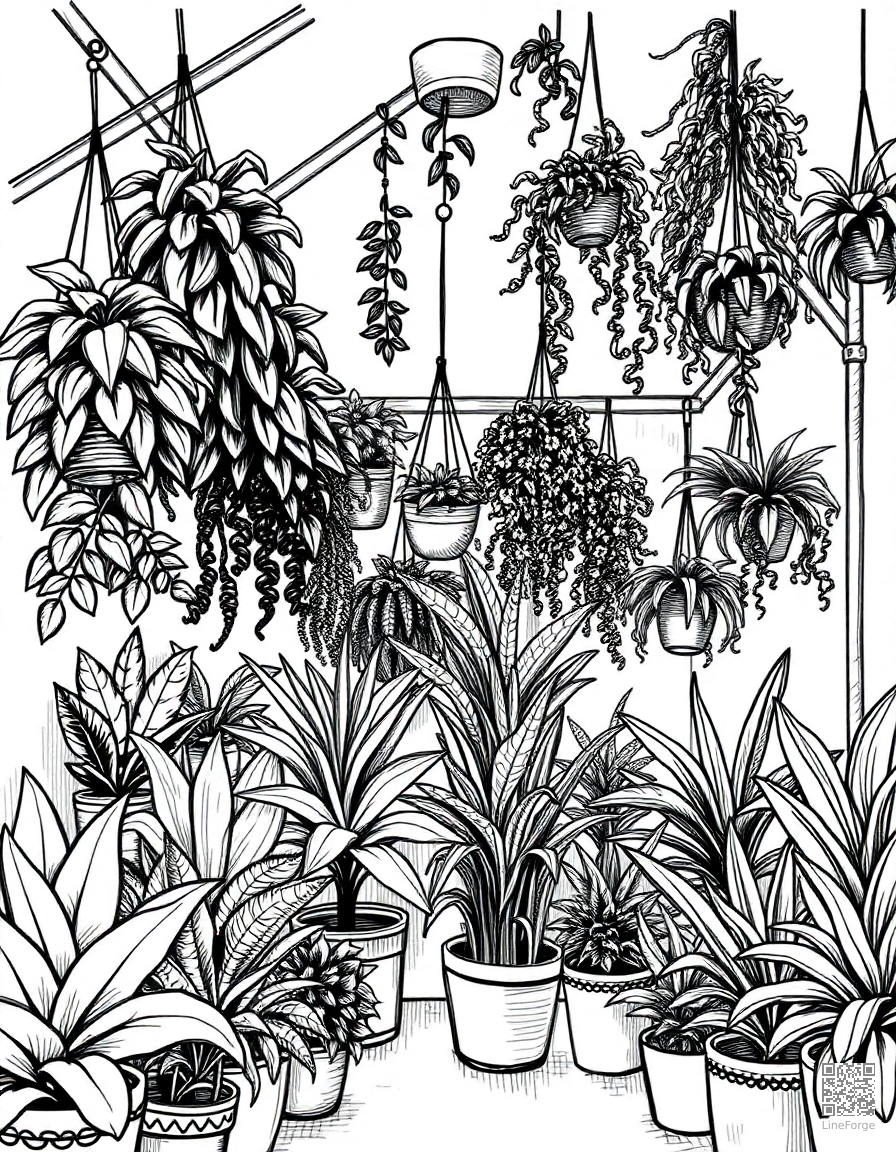plant shop filled with hanging plants coloring page Crosshatch style - free printable