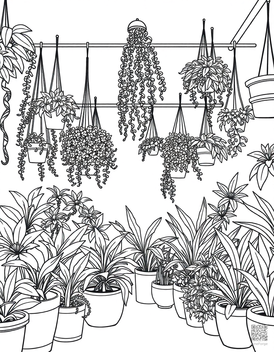 plant shop filled with hanging plants coloring page Manga style - free printable