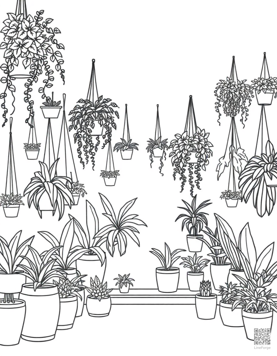 plant shop filled with hanging plants coloring page Minimal style - free printable