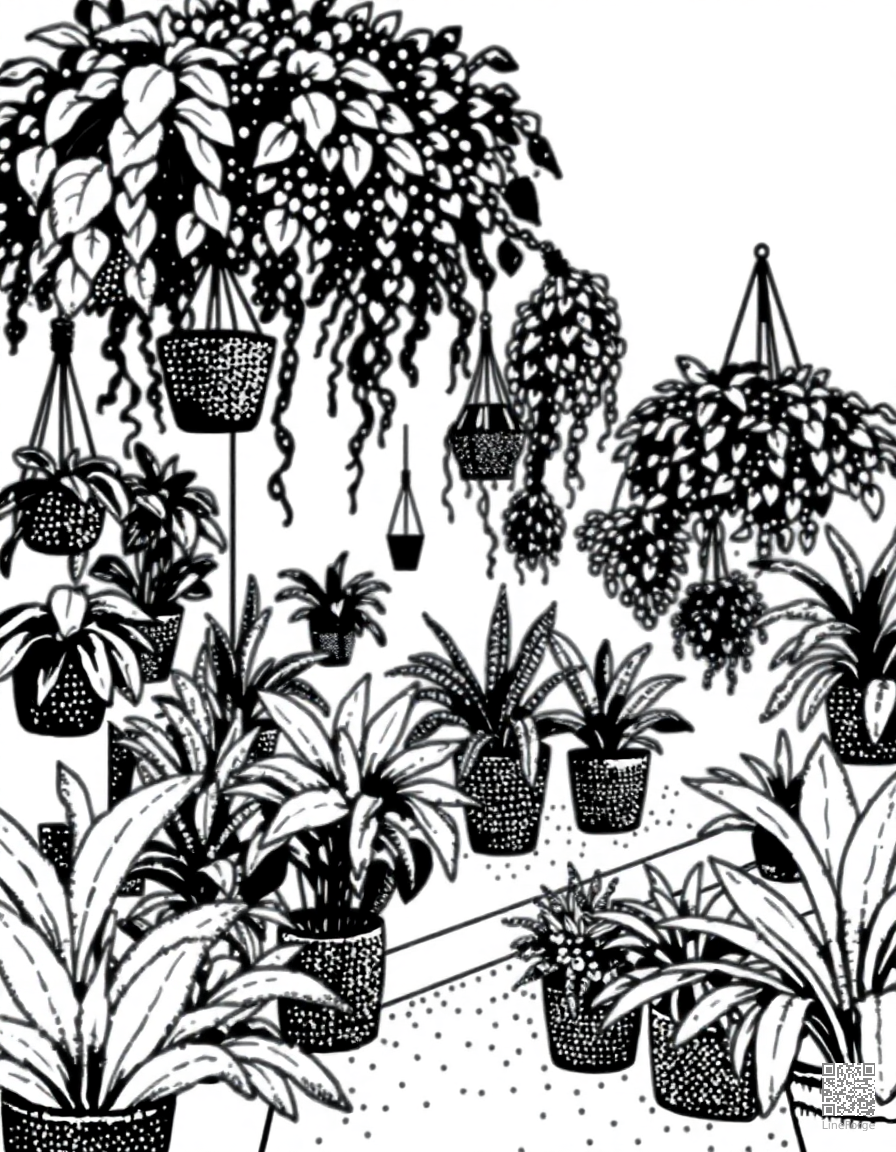 plant shop filled with hanging plants coloring page Stipple style - free printable