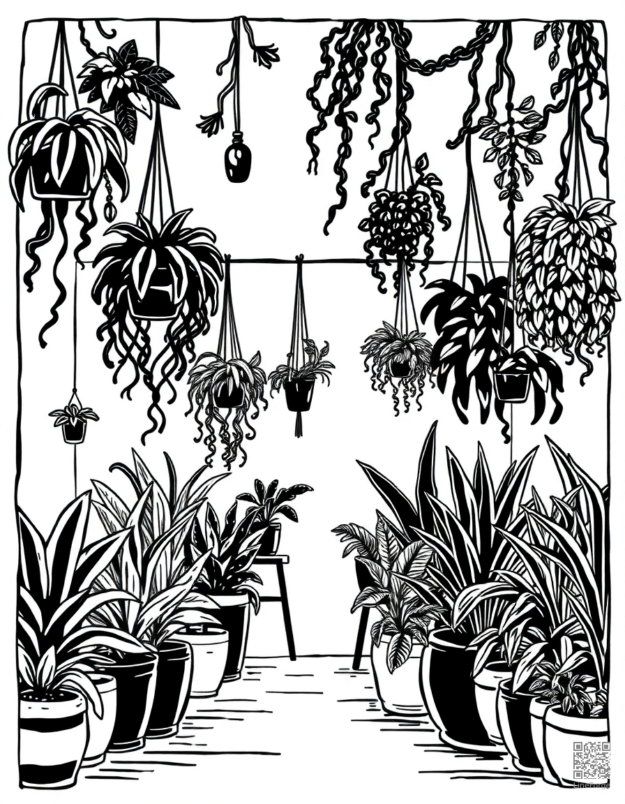 plant shop filled with hanging plants coloring page Woodcut style - free printable