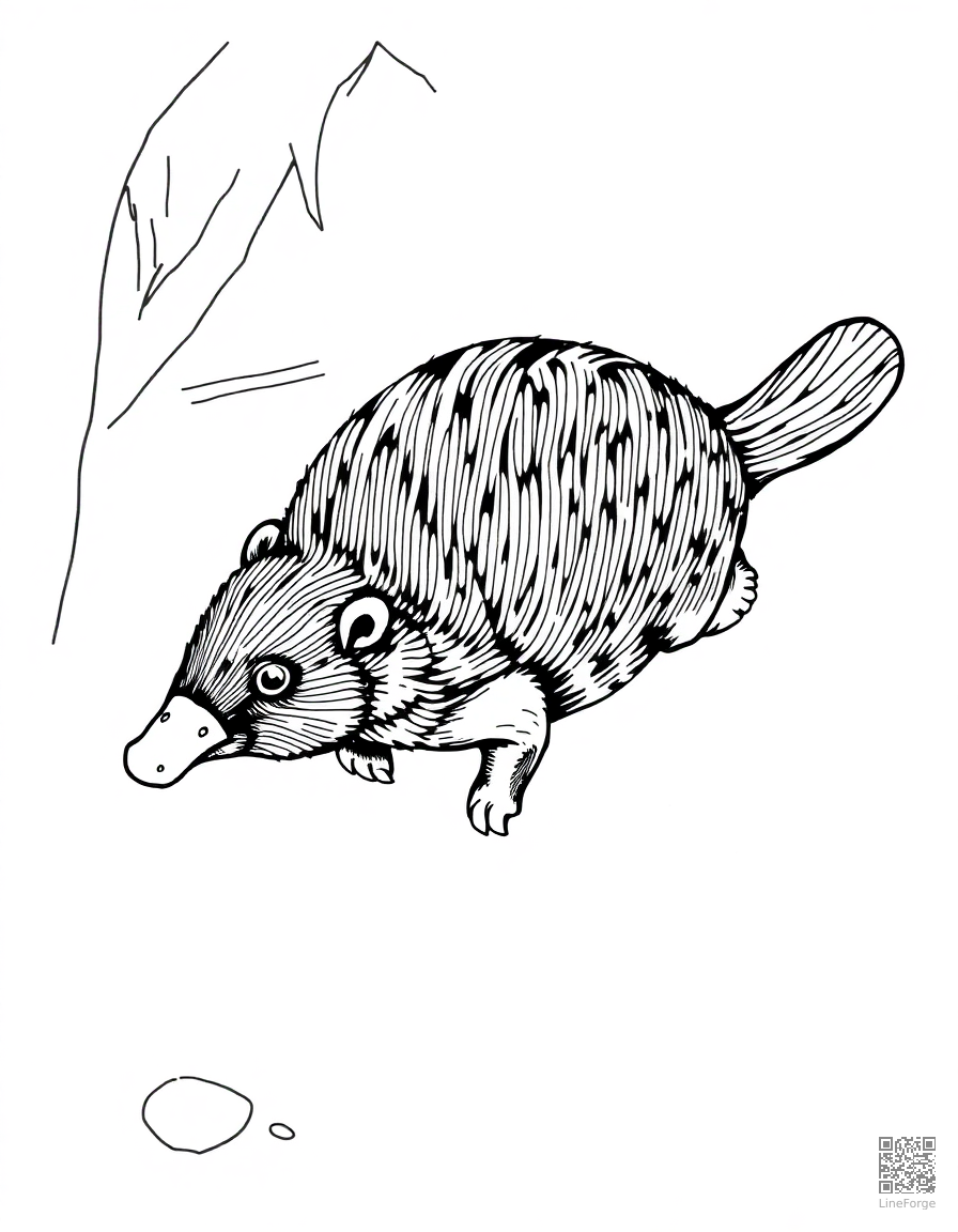 platypus swimming in an australian creek coloring page Crosshatch style - free printable