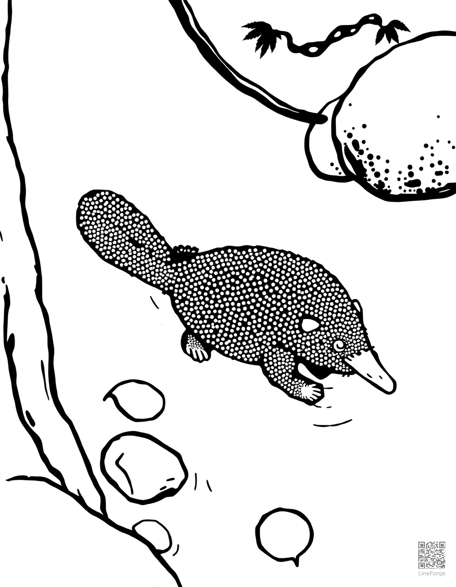 platypus swimming in an australian creek coloring page Stipple style - free printable