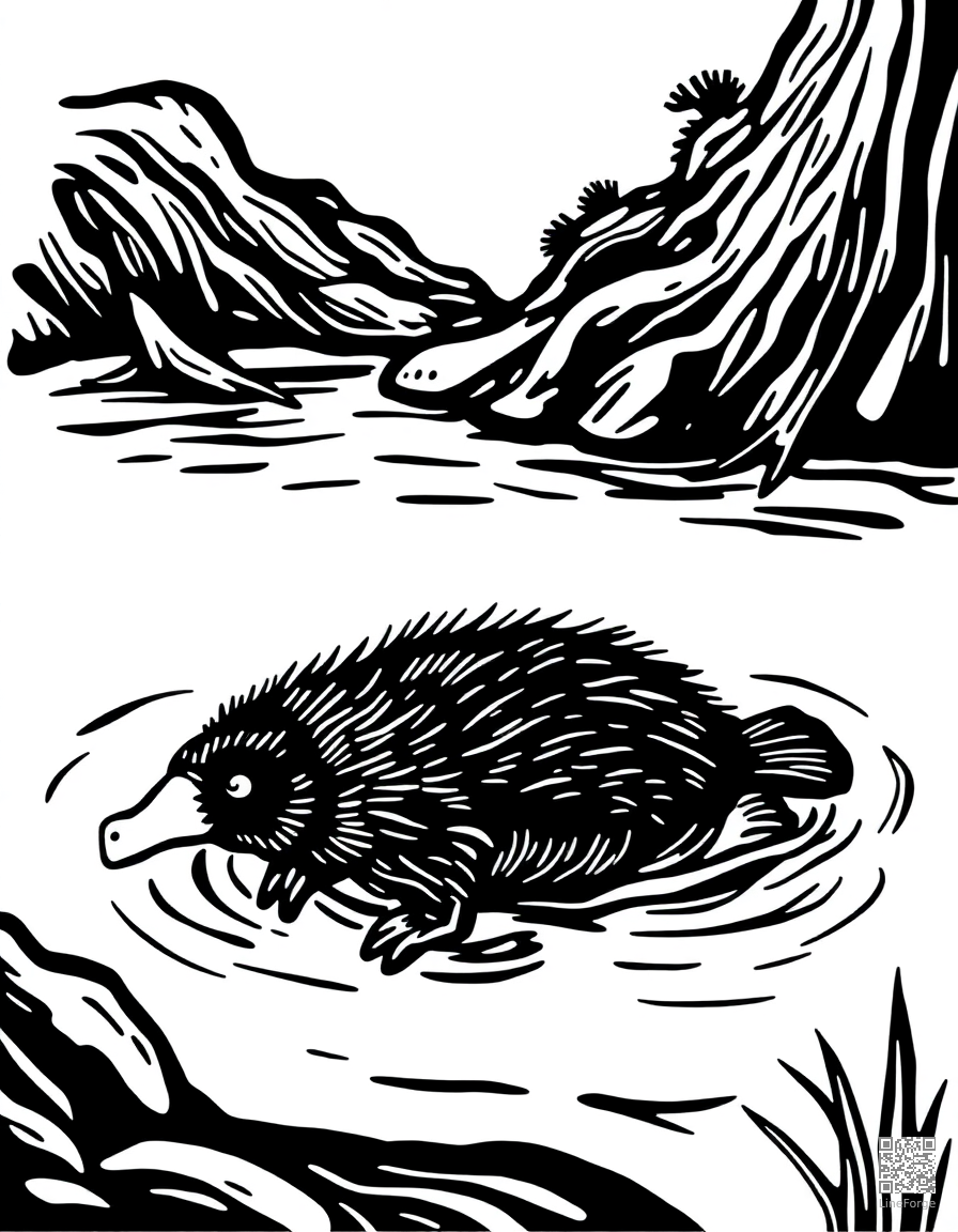 platypus swimming in an australian creek coloring page Woodcut style - free printable