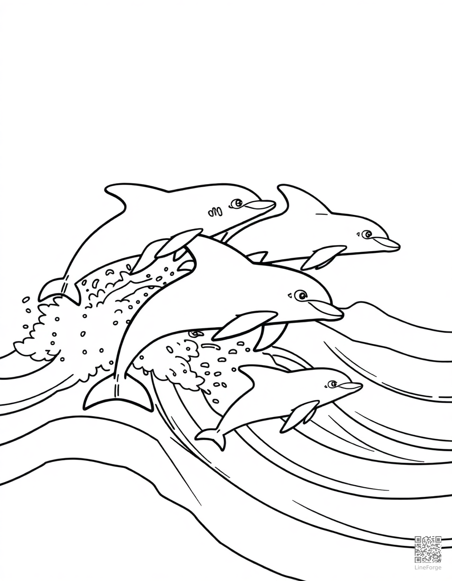 pod of dolphins racing through waves coloring page Contour style - free printable