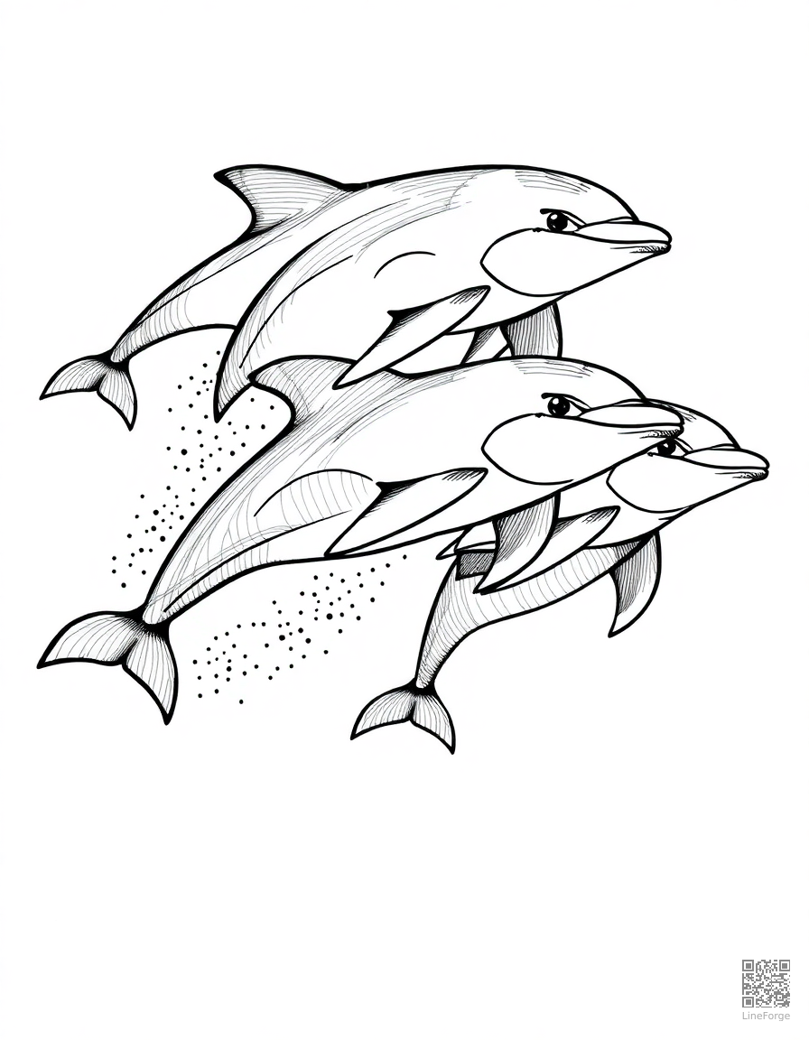 pod of dolphins racing through waves coloring page Crosshatch style - free printable