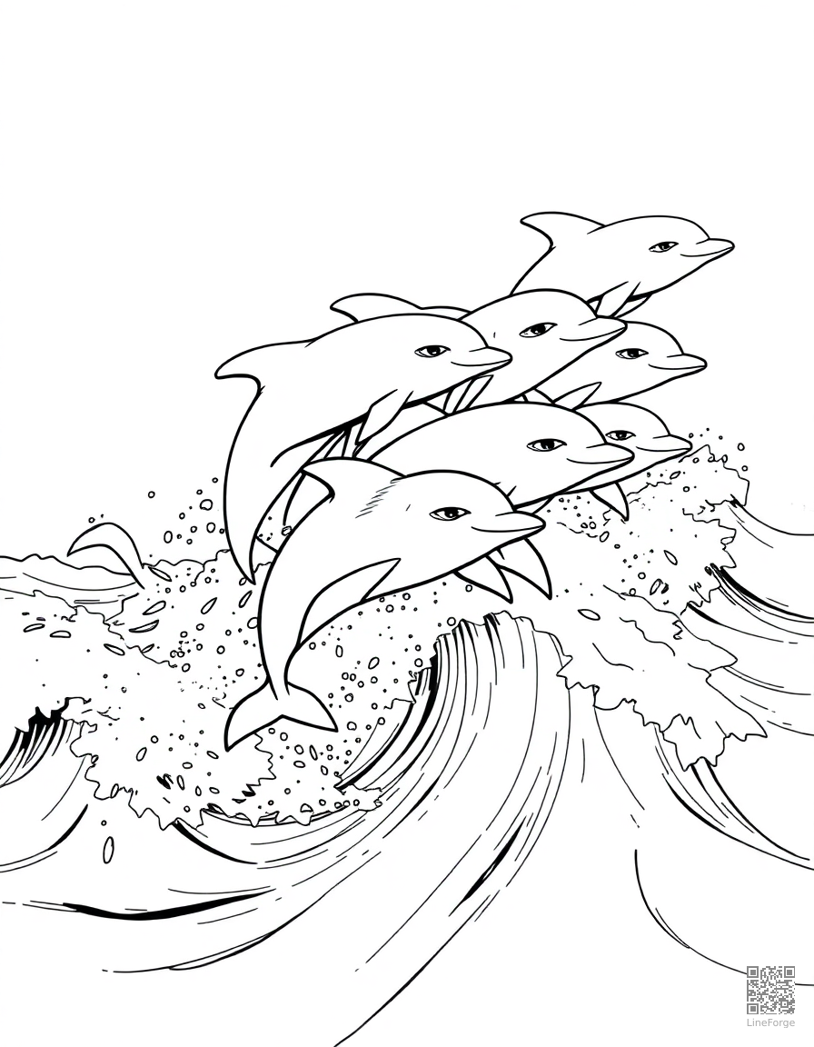 pod of dolphins racing through waves coloring page Manga style - free printable