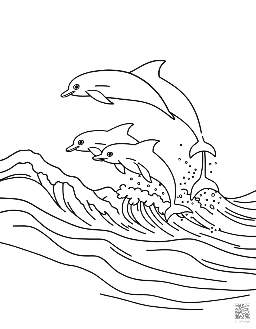 pod of dolphins racing through waves coloring page Minimal style - free printable