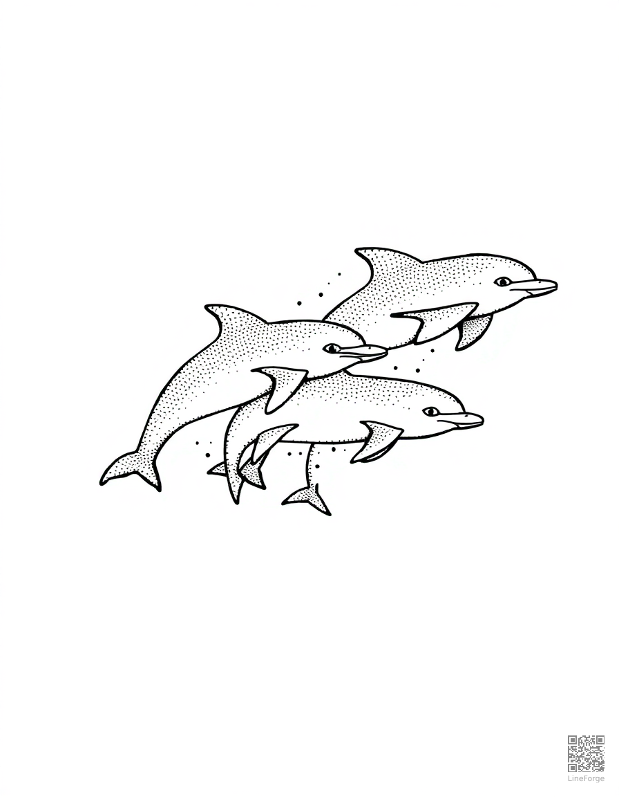 pod of dolphins racing through waves coloring page Stipple style - free printable
