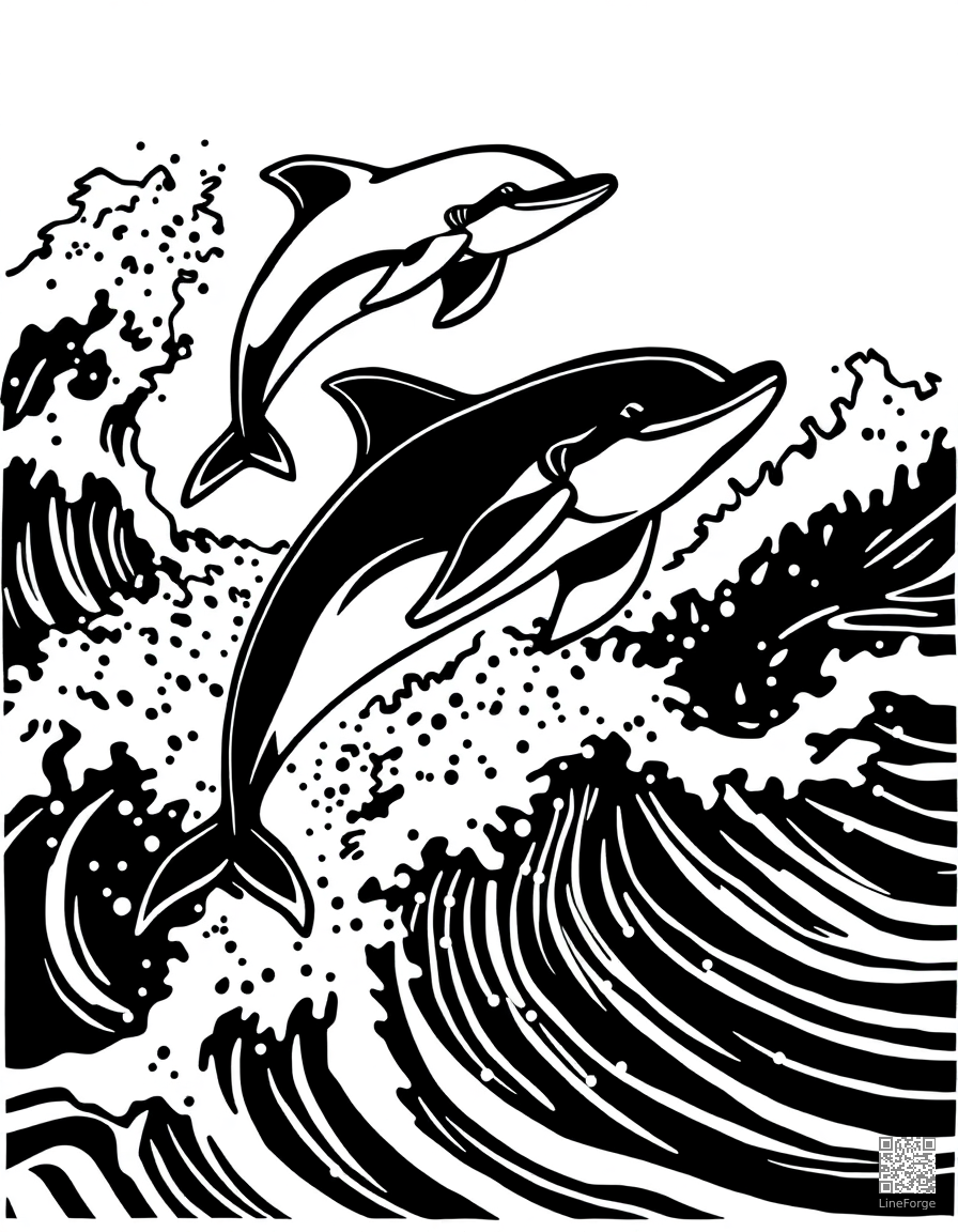 pod of dolphins racing through waves coloring page Woodcut style - free printable