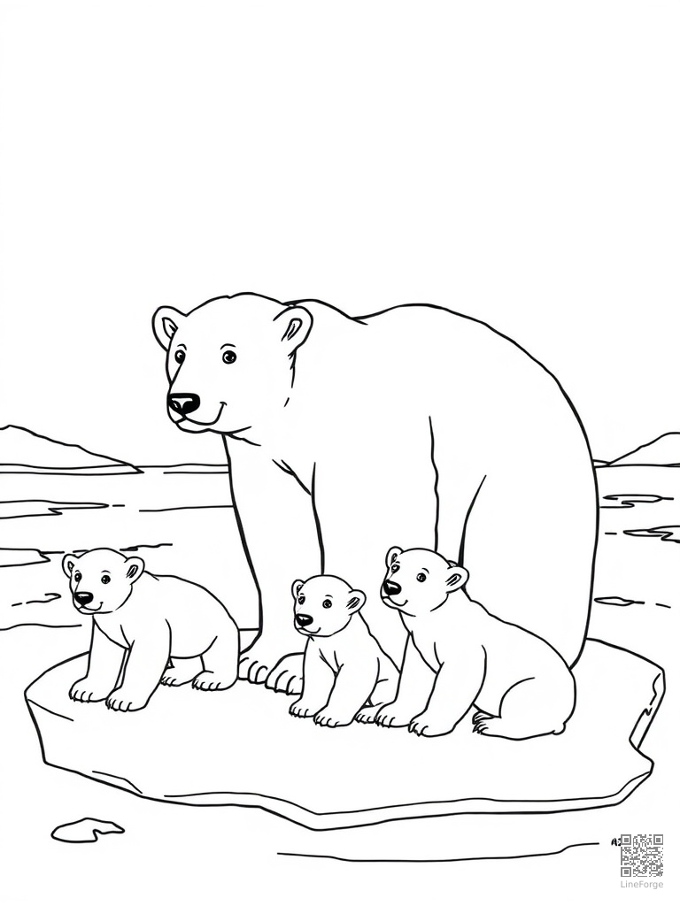 Polar bear mother and cubs on arctic ice coloring page Contour style - free printable