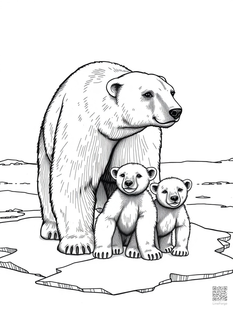 Polar bear mother and cubs on arctic ice coloring page Crosshatch style - free printable