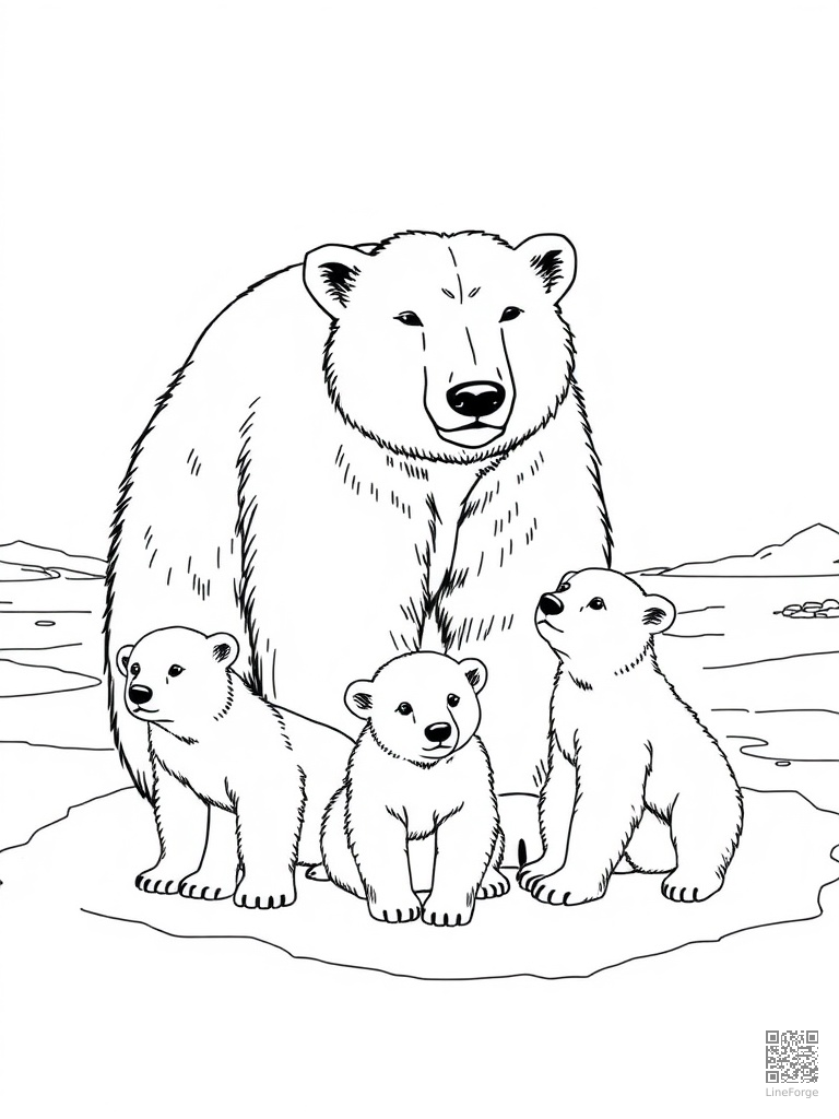 Polar bear mother and cubs on arctic ice coloring page Manga style - free printable