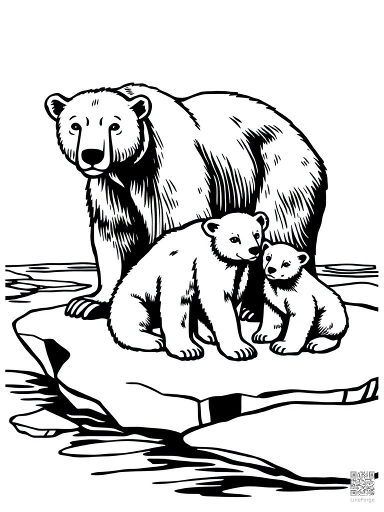 Polar bear mother and cubs on arctic ice coloring page Woodcut style - free printable