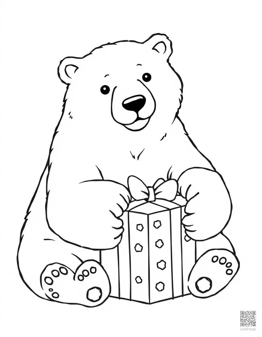 polar bear opening a christmas gift coloring page Contour style - free printable