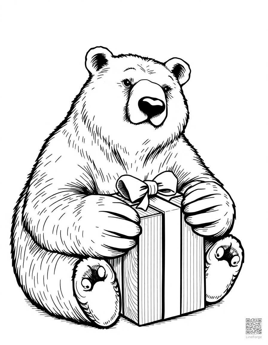 polar bear opening a christmas gift coloring page Crosshatch style - free printable