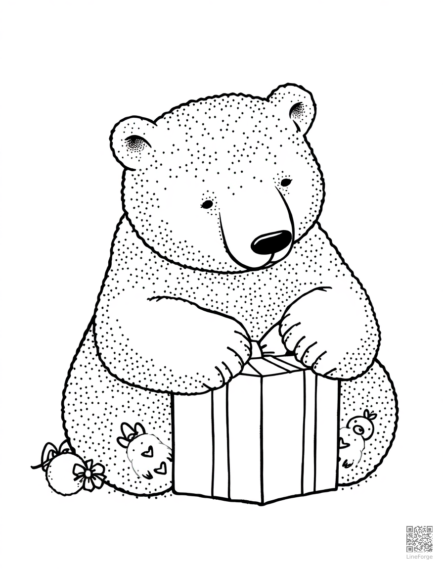 polar bear opening a christmas gift coloring page Stipple style - free printable