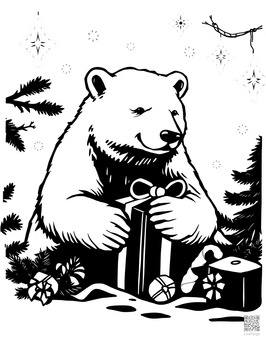 polar bear opening a christmas gift coloring page Woodcut style - free printable