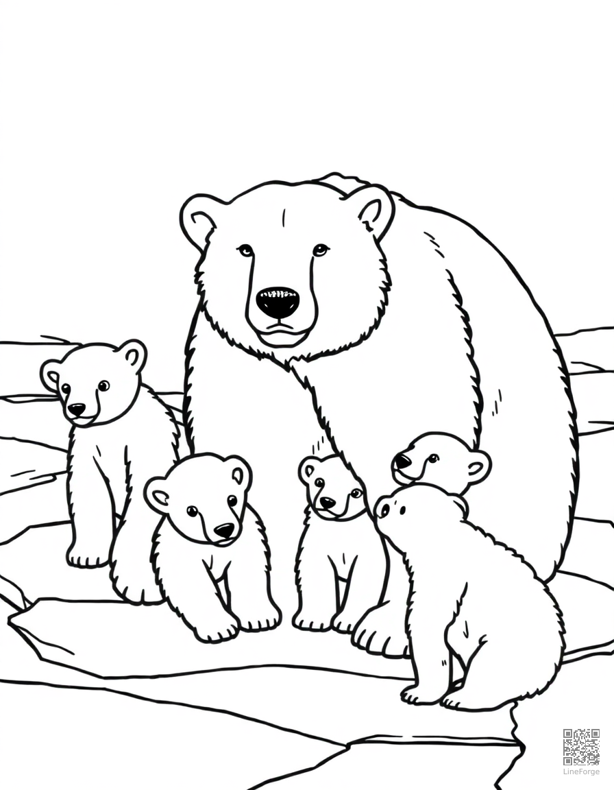 polar bear with cubs on arctic ice coloring page Contour style - free printable