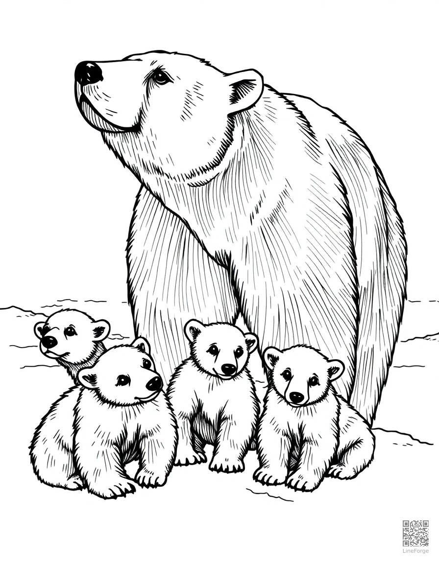 polar bear with cubs on arctic ice coloring page Crosshatch style - free printable