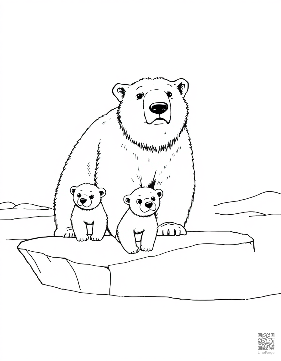 polar bear with cubs on arctic ice coloring page Manga style - free printable