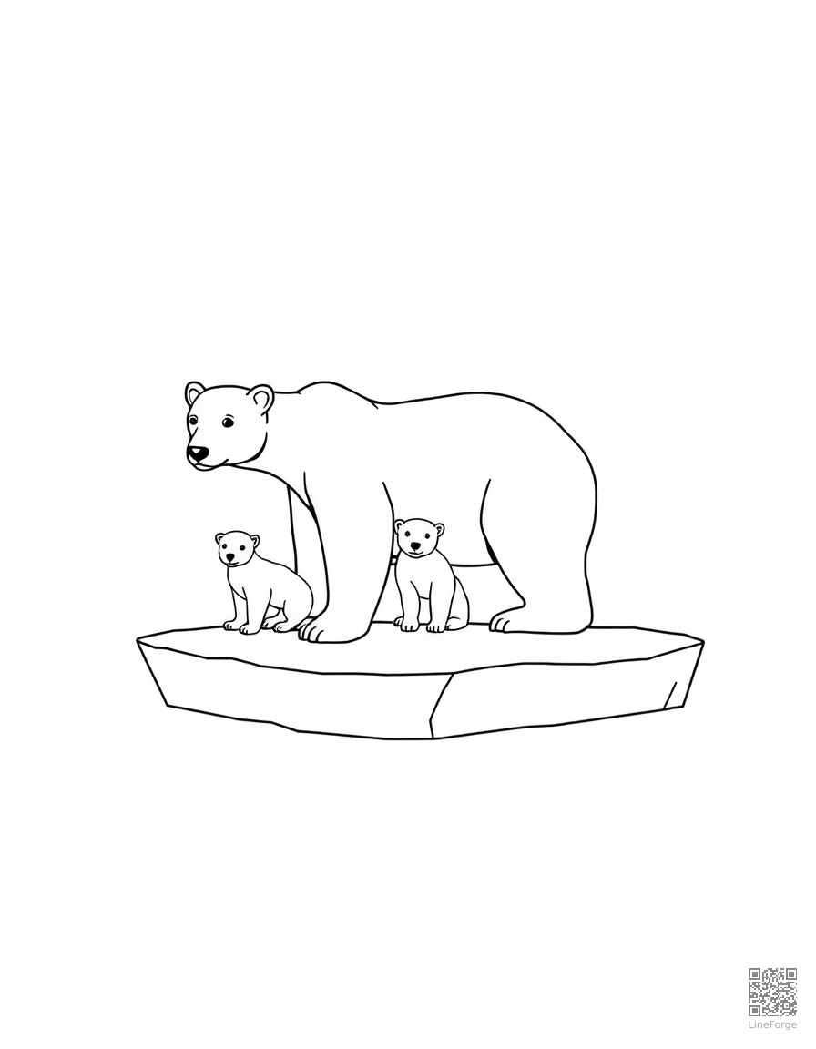 polar bear with cubs on arctic ice coloring page Minimal style - free printable