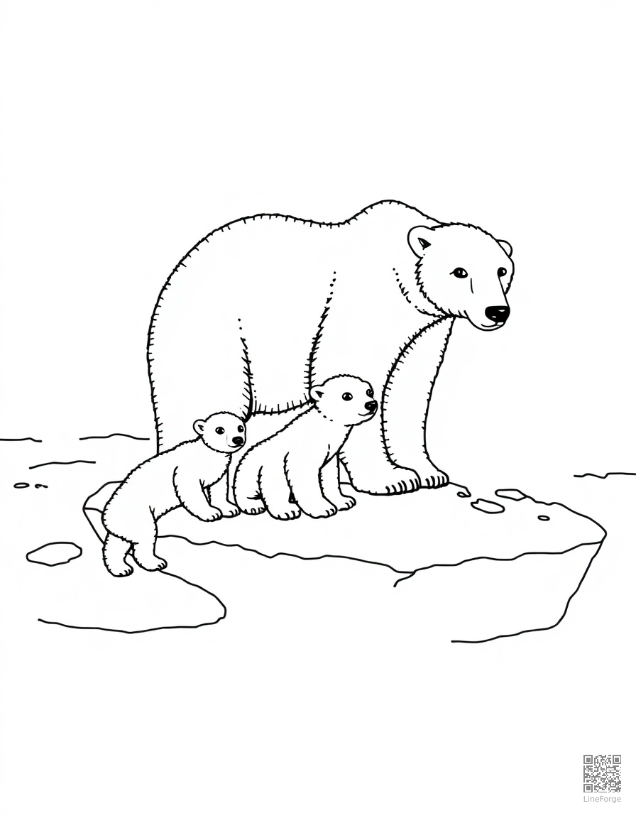polar bear with cubs on arctic ice coloring page Stipple style - free printable