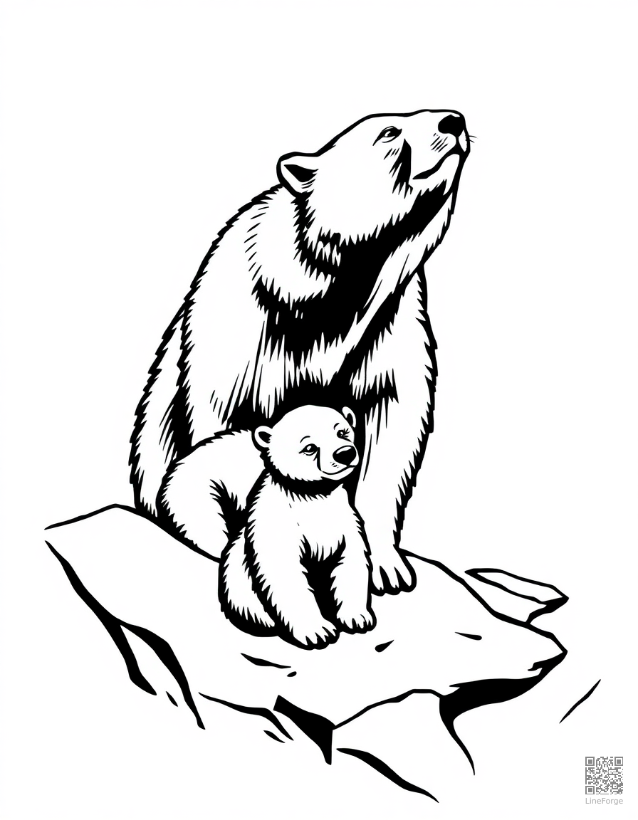 polar bear with cubs on arctic ice coloring page Woodcut style - free printable