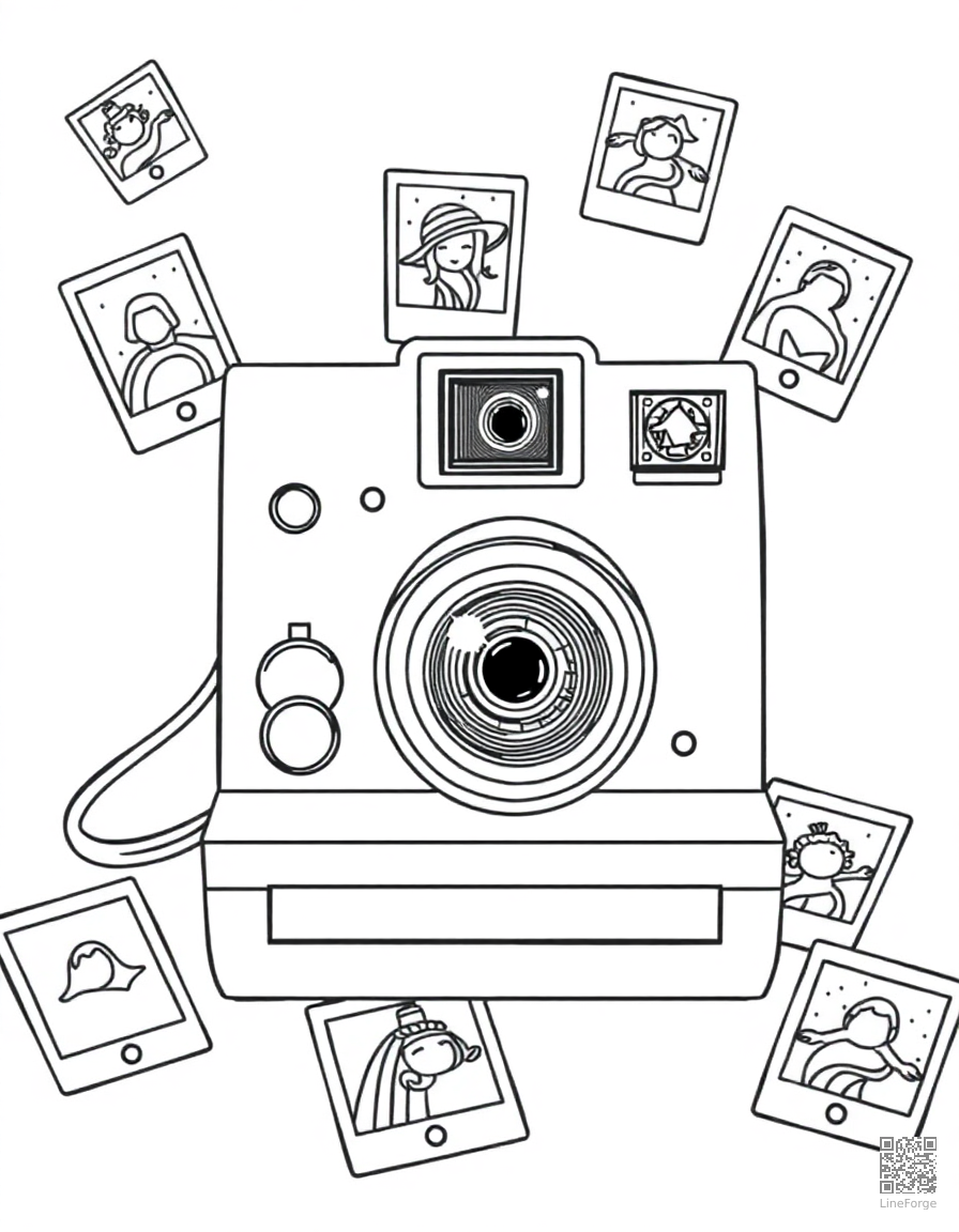 polaroid camera with photos scattered around coloring page Contour style - free printable