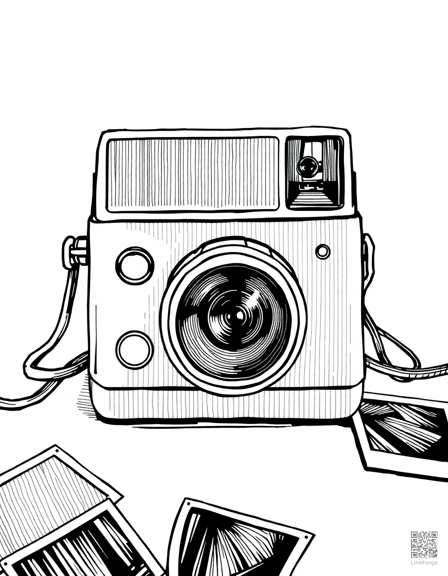 polaroid camera with photos scattered around coloring page Crosshatch style - free printable