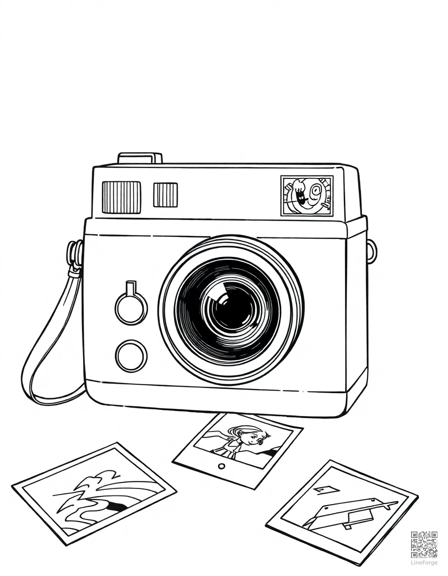 polaroid camera with photos scattered around coloring page Manga style - free printable