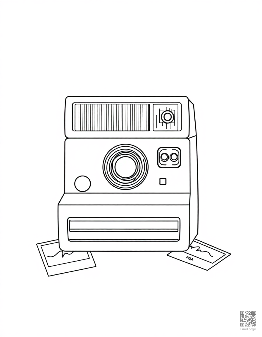 polaroid camera with photos scattered around coloring page Minimal style - free printable