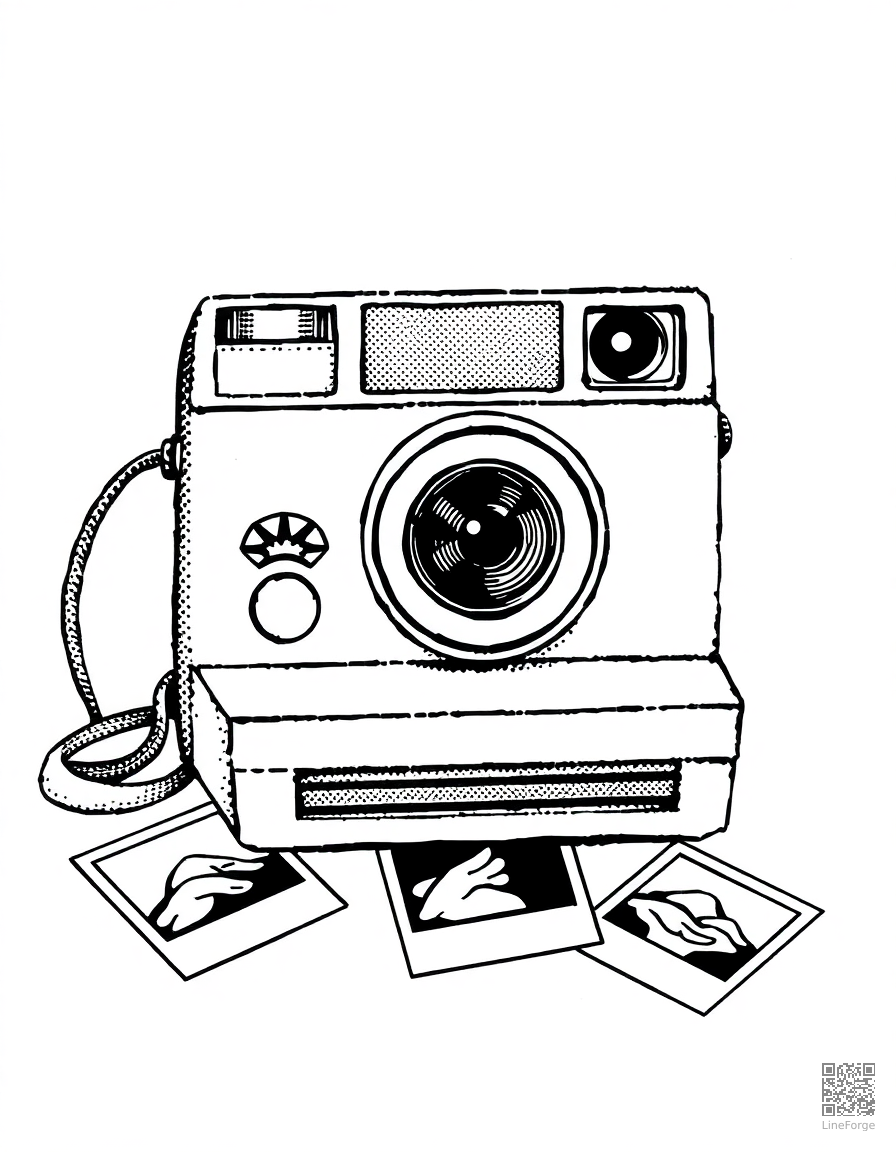 polaroid camera with photos scattered around coloring page Stipple style - free printable