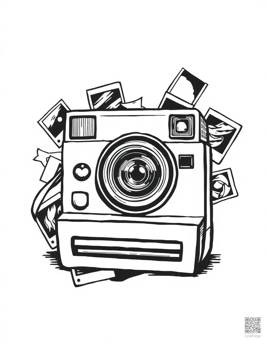 polaroid camera with photos scattered around coloring page Woodcut style - free printable