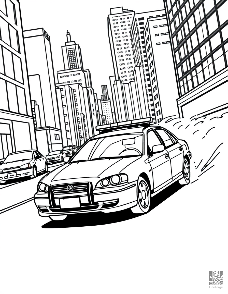 police car chasing through a city coloring page Contour style - free printable