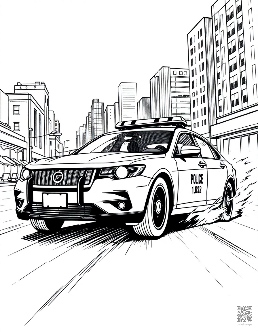 police car chasing through a city coloring page Crosshatch style - free printable