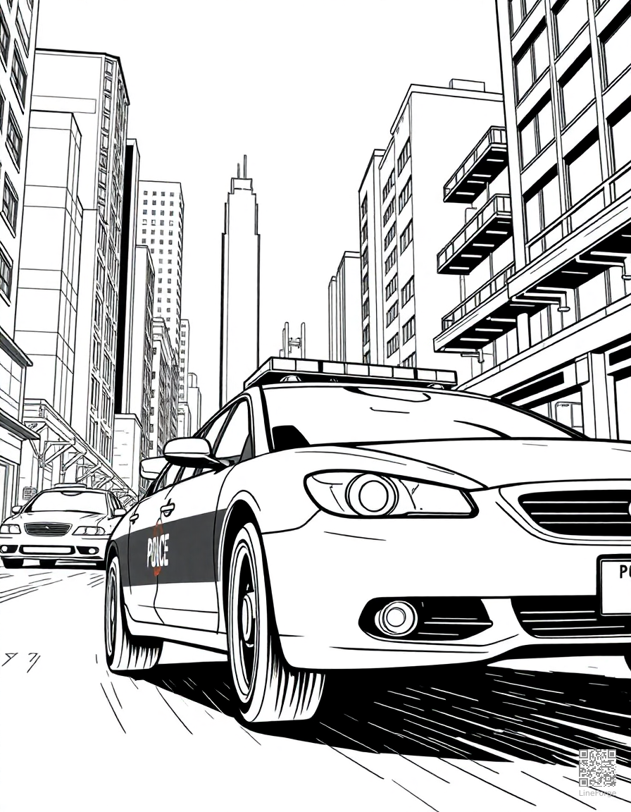police car chasing through a city coloring page Manga style - free printable