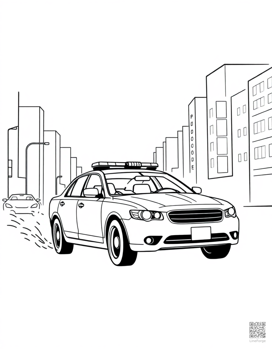 police car chasing through a city coloring page Minimal style - free printable