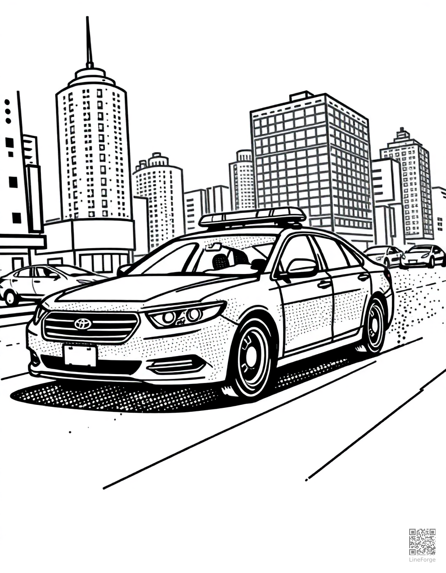 police car chasing through a city coloring page Stipple style - free printable