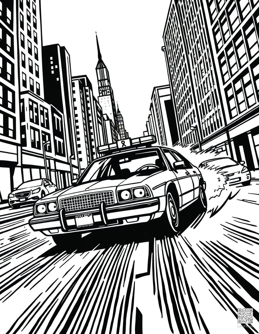 police car chasing through a city coloring page Woodcut style - free printable