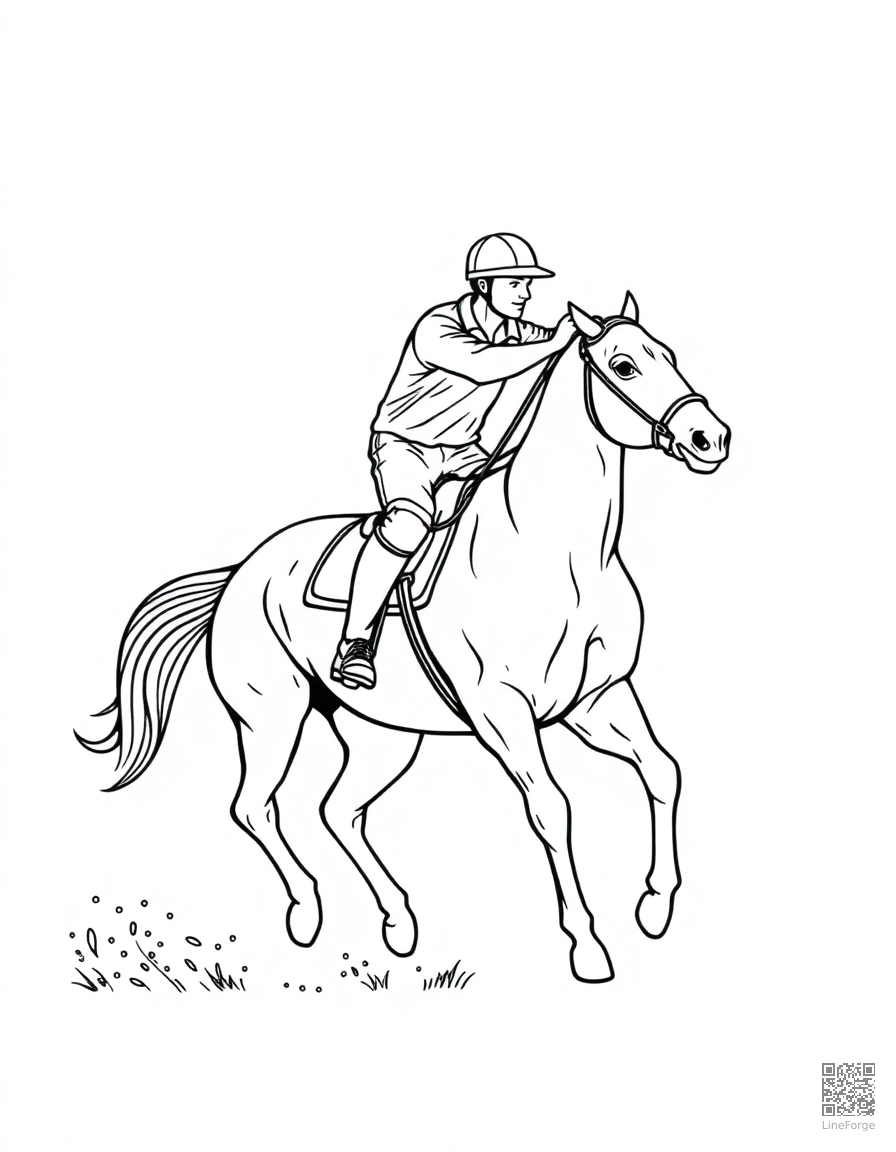 polo horse and rider mid-swing coloring page Contour style - free printable