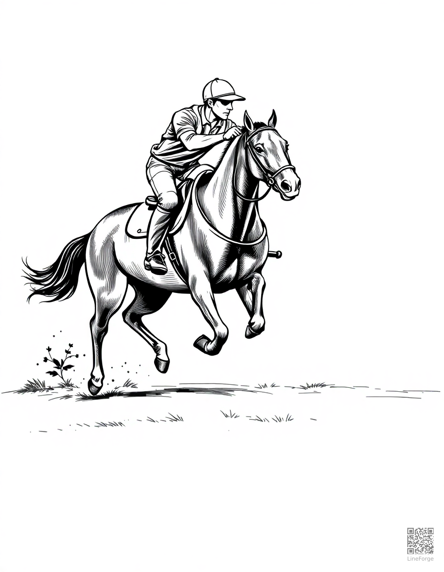 polo horse and rider mid-swing coloring page Crosshatch style - free printable
