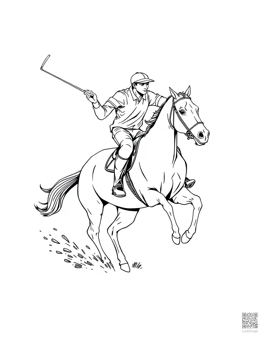 polo horse and rider mid-swing coloring page Manga style - free printable